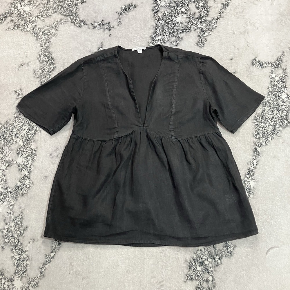 James Perse 100% Linen Black V Neck Babydoll Tunic Top Womens Size 3 Large